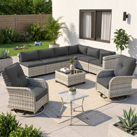 10-Piece Outdoor Wicker Sectional Seating Group With Swivel Rocking Chairs, Coffee Table & Side Table, All-Weather Patio Conversation Set