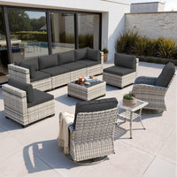 10-Piece Outdoor Wicker Sectional Seating Group With Swivel Rocking Chairs, Coffee Table & Side Table, All-Weather Patio Conversation Set