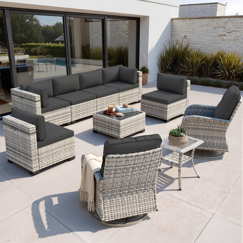 10-Piece Outdoor Wicker Sectional Seating Group With Swivel Rocking Chairs, Coffee Table & Side Table, All-Weather Patio Conversation Set