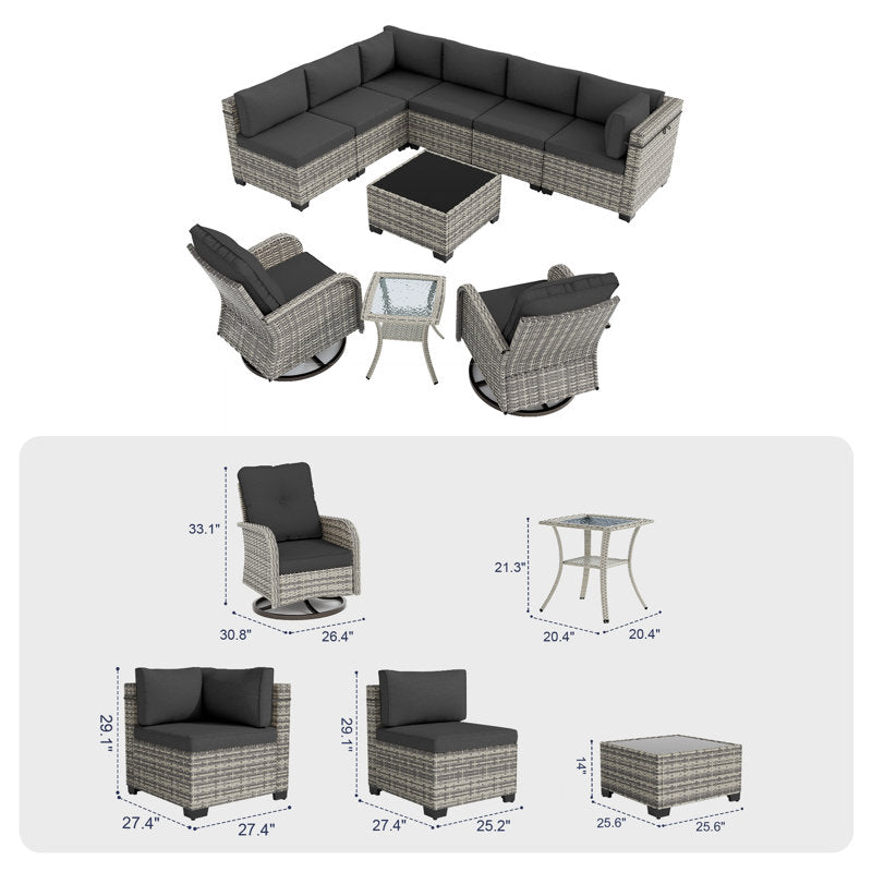 10-Piece Outdoor Wicker Sectional Seating Group With Swivel Rocking Chairs, Coffee Table & Side Table, All-Weather Patio Conversation Set