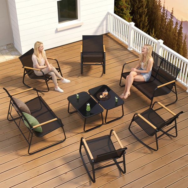 8-Pieces Outdoor Rocking Conversation Set with Loveseat, Wood Armrests and Coffee Table