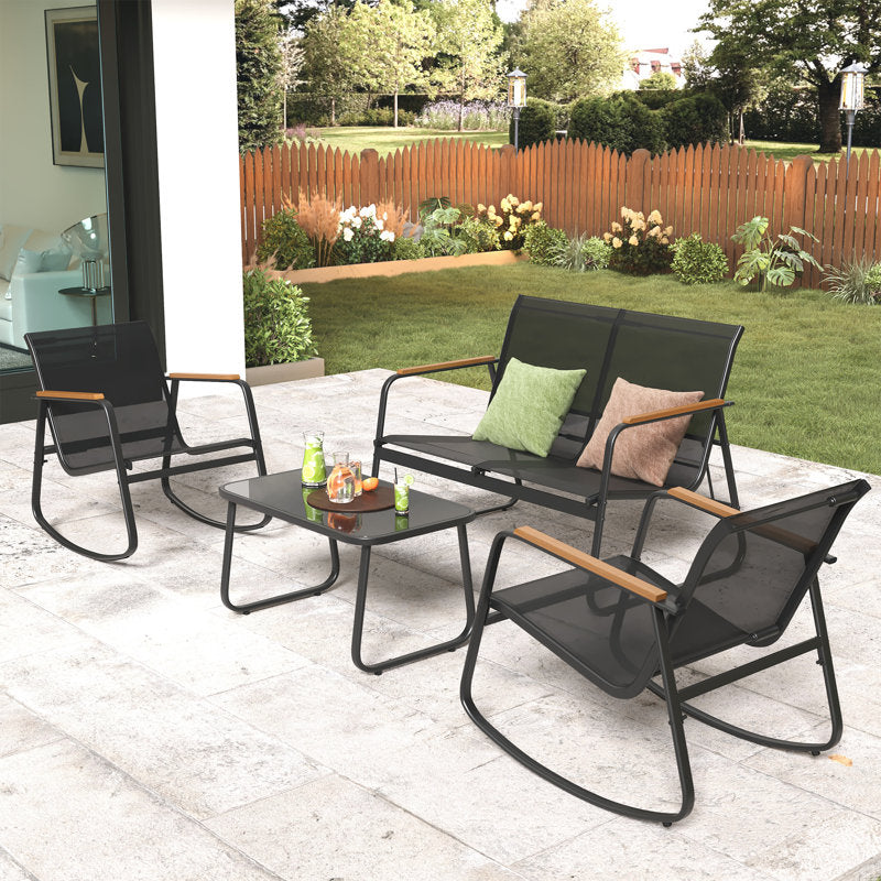 8-Pieces Outdoor Rocking Conversation Set with Loveseat, Wood Armrests and Coffee Table