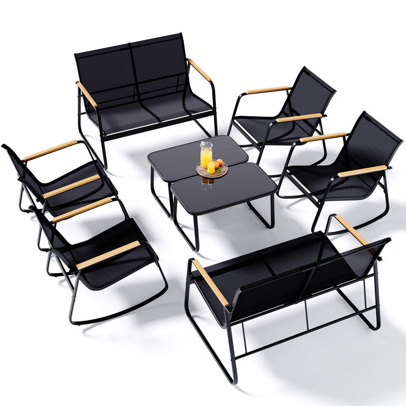 8-Pieces Outdoor Rocking Conversation Set with Loveseat, Wood Armrests and Coffee Table