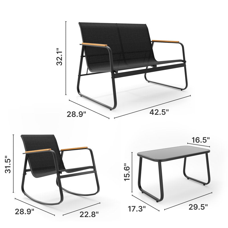 8-Pieces Outdoor Rocking Conversation Set with Loveseat, Wood Armrests and Coffee Table