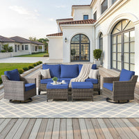 5 Pieces Patio Furniture Set, Outdoor Wicker Sofa Couch with Rocking Swivel Chairs Comfy Cushions, Modern Deep Seat Rattan Conversation Sets for Deck Porch,Blue