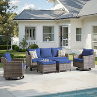 5 Pieces Patio Furniture Set, Outdoor Wicker Sofa Couch with Rocking Swivel Chairs Comfy Cushions, Modern Deep Seat Rattan Conversation Sets for Deck Porch,Blue