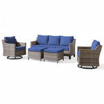5 Pieces Patio Furniture Set, Outdoor Wicker Sofa Couch with Rocking Swivel Chairs Comfy Cushions, Modern Deep Seat Rattan Conversation Sets for Deck Porch,Blue