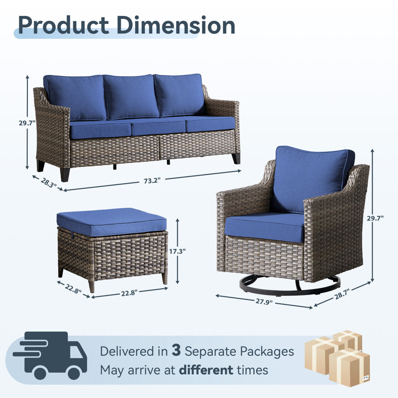 5 Pieces Patio Furniture Set, Outdoor Wicker Sofa Couch with Rocking Swivel Chairs Comfy Cushions, Modern Deep Seat Rattan Conversation Sets for Deck Porch,Blue
