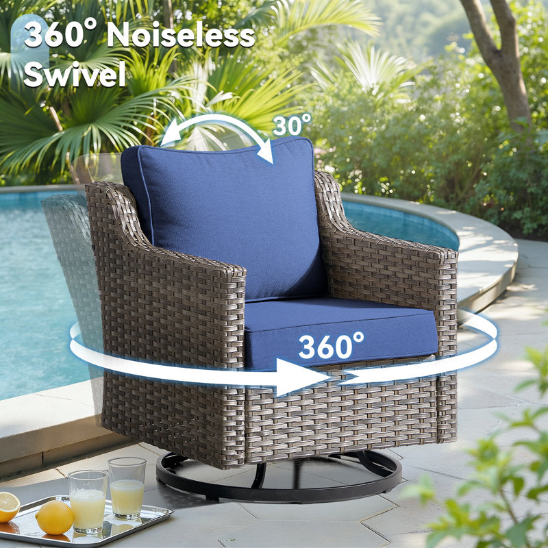 5 Pieces Patio Furniture Set, Outdoor Wicker Sofa Couch with Rocking Swivel Chairs Comfy Cushions, Modern Deep Seat Rattan Conversation Sets for Deck Porch,Blue