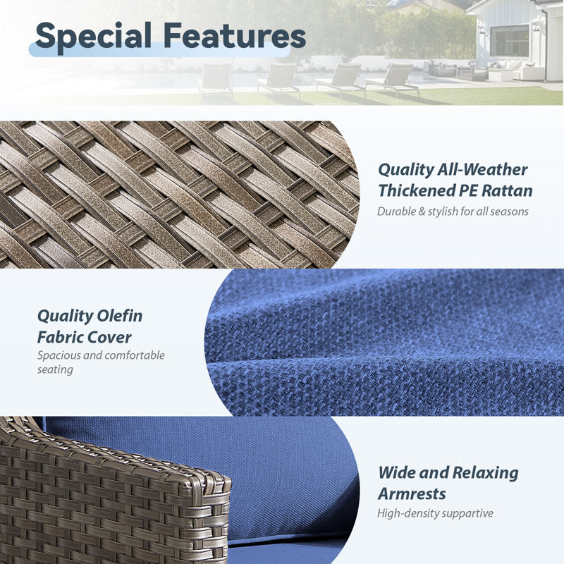 5 Pieces Patio Furniture Set, Outdoor Wicker Sofa Couch with Rocking Swivel Chairs Comfy Cushions, Modern Deep Seat Rattan Conversation Sets for Deck Porch,Blue