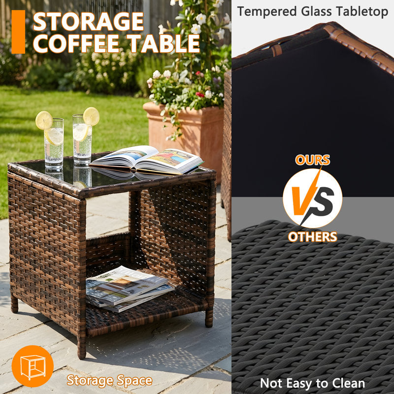 Constantino 2-Person Outdoor All-Weather Wicker Conversation Set with Ottomans and Tempered Glass Coffee Table
