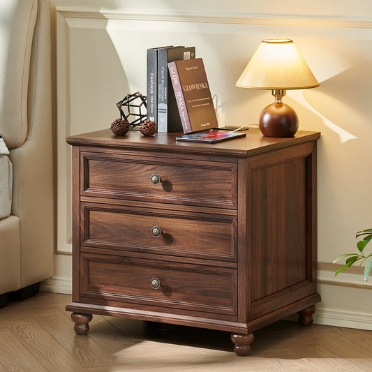 Farmhouse Nightstand with Charging Station, 24" Wide End Table with 3 Drawers