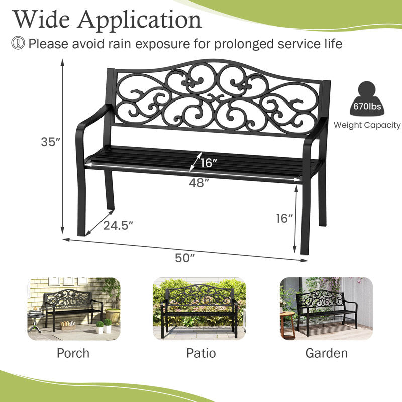 50" Porch Bench With Ergonomic Backrest & Armrests Floral Patterns Curved