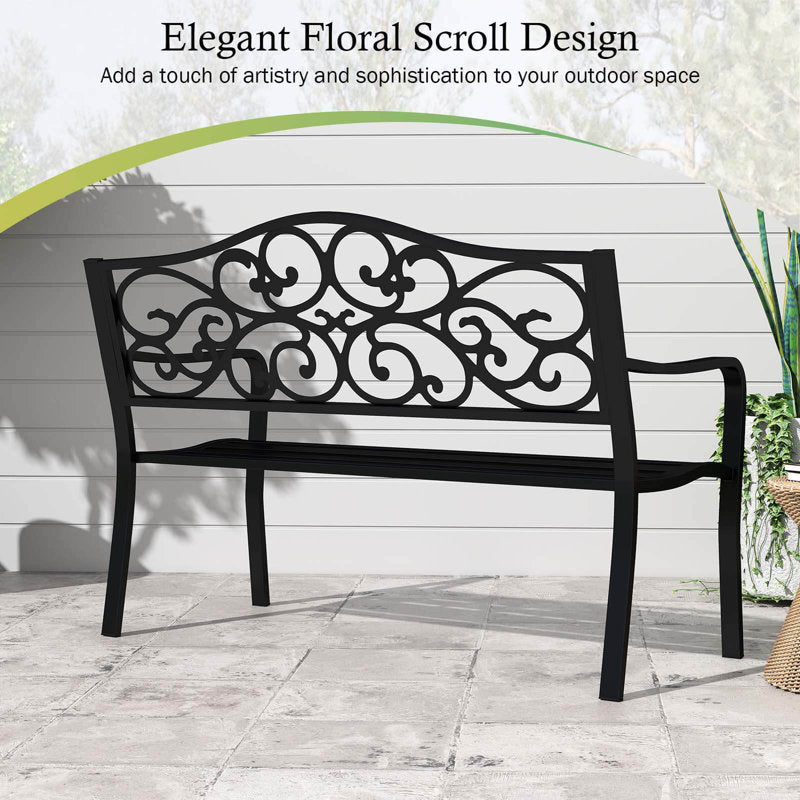 50" Porch Bench With Ergonomic Backrest & Armrests Floral Patterns Curved