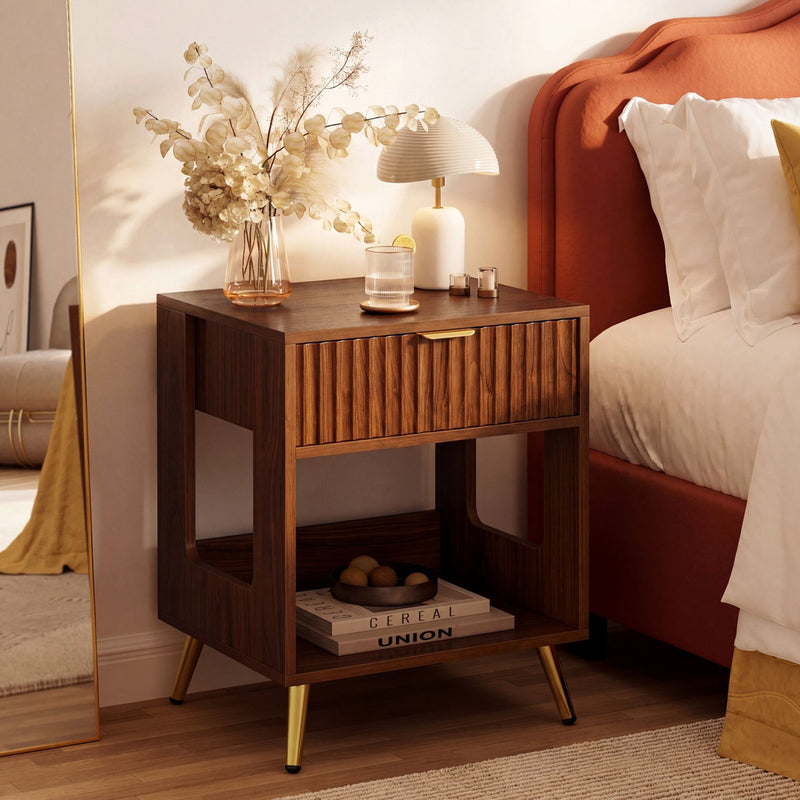 Single-Drawer Fluted Nightstand with Open Storage and Gold Legs