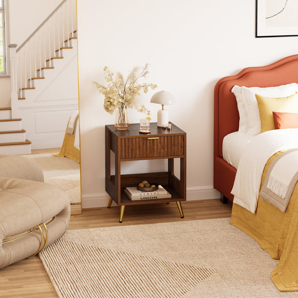 Single-Drawer Fluted Nightstand with Open Storage and Gold Legs