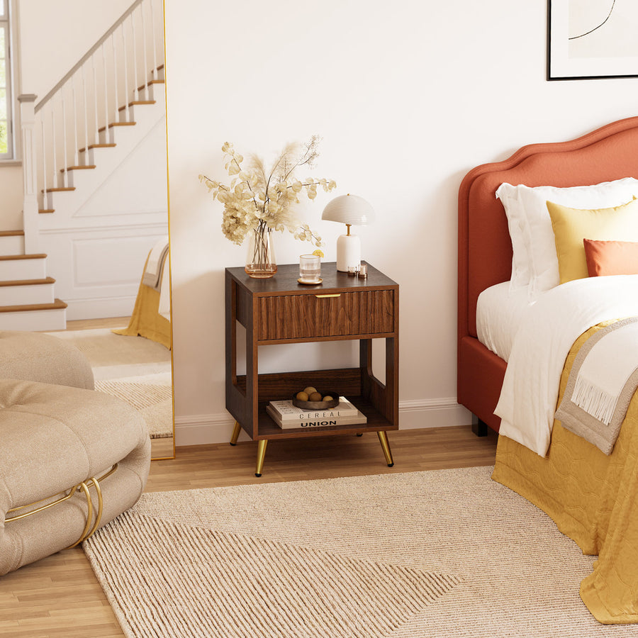 Single-Drawer Fluted Nightstand with Open Storage and Gold Legs