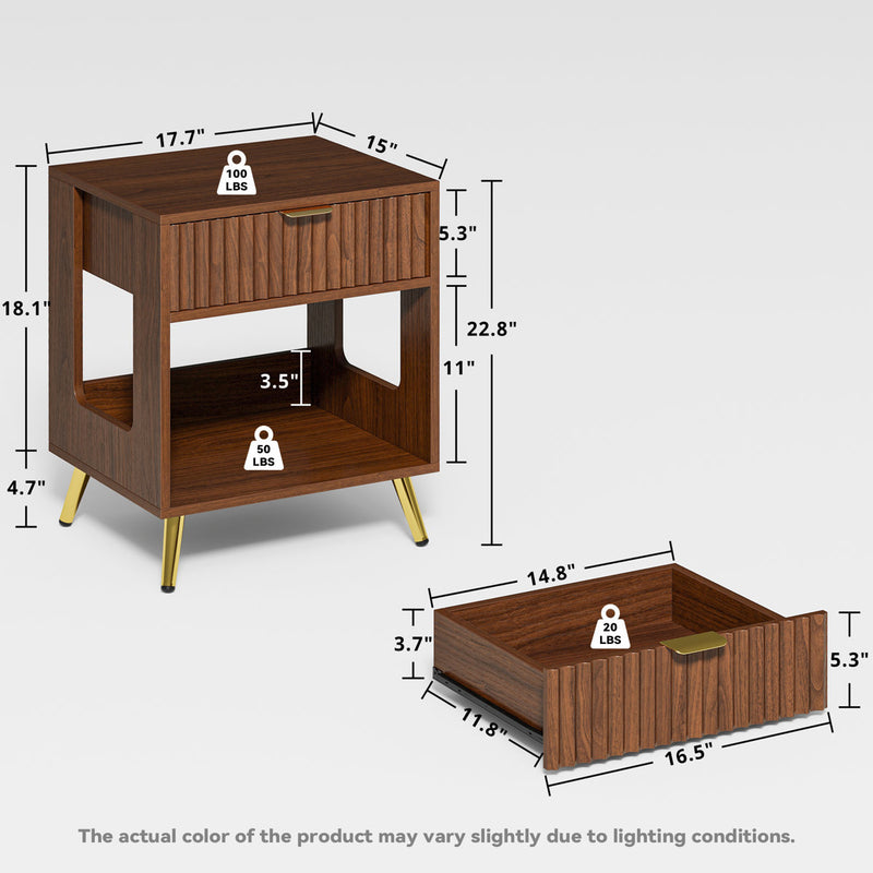 Single-Drawer Fluted Nightstand with Open Storage and Gold Legs