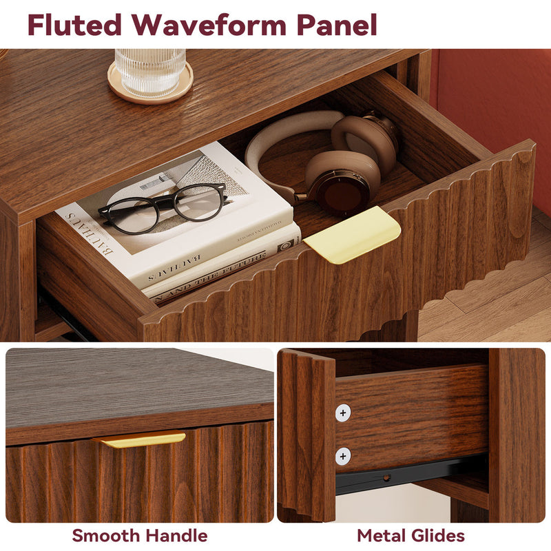 Single-Drawer Fluted Nightstand with Open Storage and Gold Legs