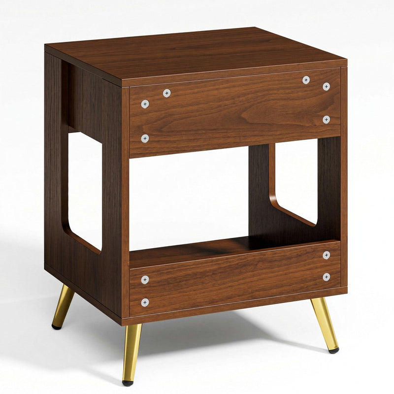 Single-Drawer Fluted Nightstand with Open Storage and Gold Legs