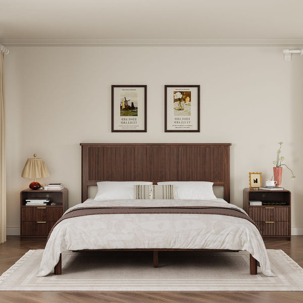 Avalie Fluted Nightstand Set of 2 with Scalloped Edges & Built-In Outlet