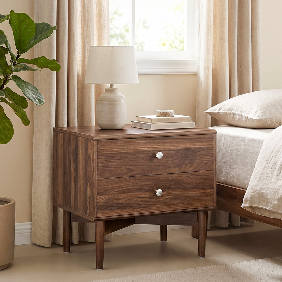 Nightstand with 2 Drawers & Solid Wood Legs, 22.8"W x 14.6"D x 21.3"H