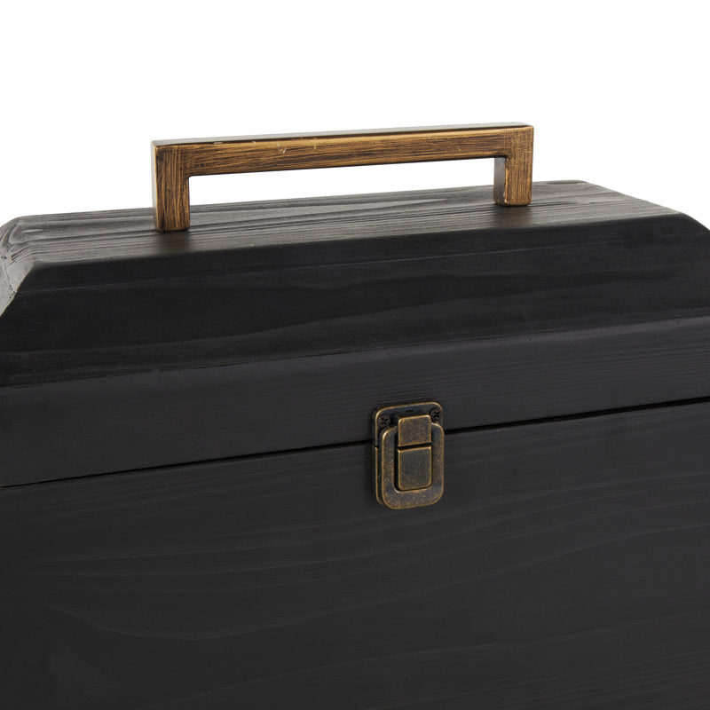 Wood Handmade Decorative Black Box With Brass Latches And Handle Set