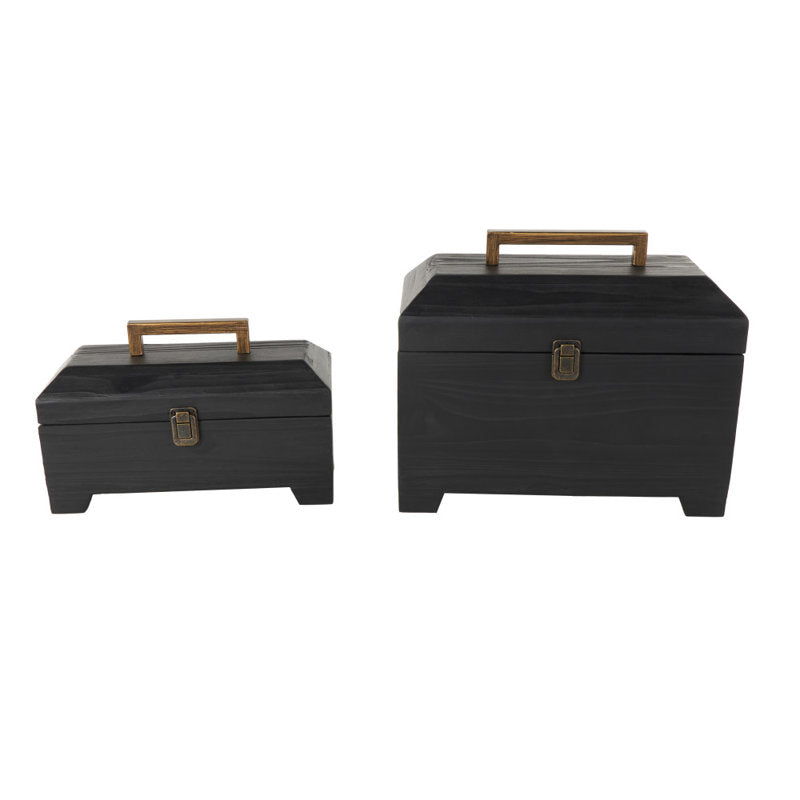Wood Handmade Decorative Black Box With Brass Latches And Handle Set