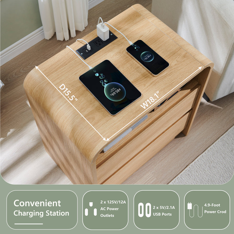Maud 25" Tall Modern Nightstand with Charging Station, 23.6" Wide Wood Bedside Table