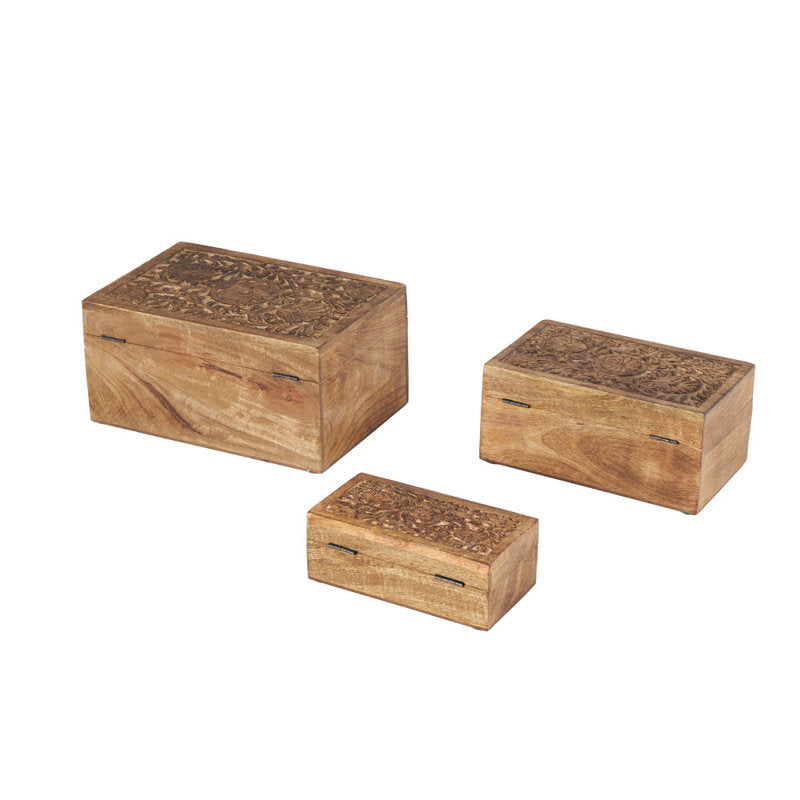 Sartell Mango Wood Handmade Floral Decorative Box with Hinged Lid Set
