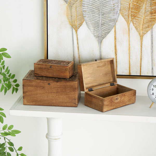 Sartell Mango Wood Handmade Floral Decorative Box with Hinged Lid Set