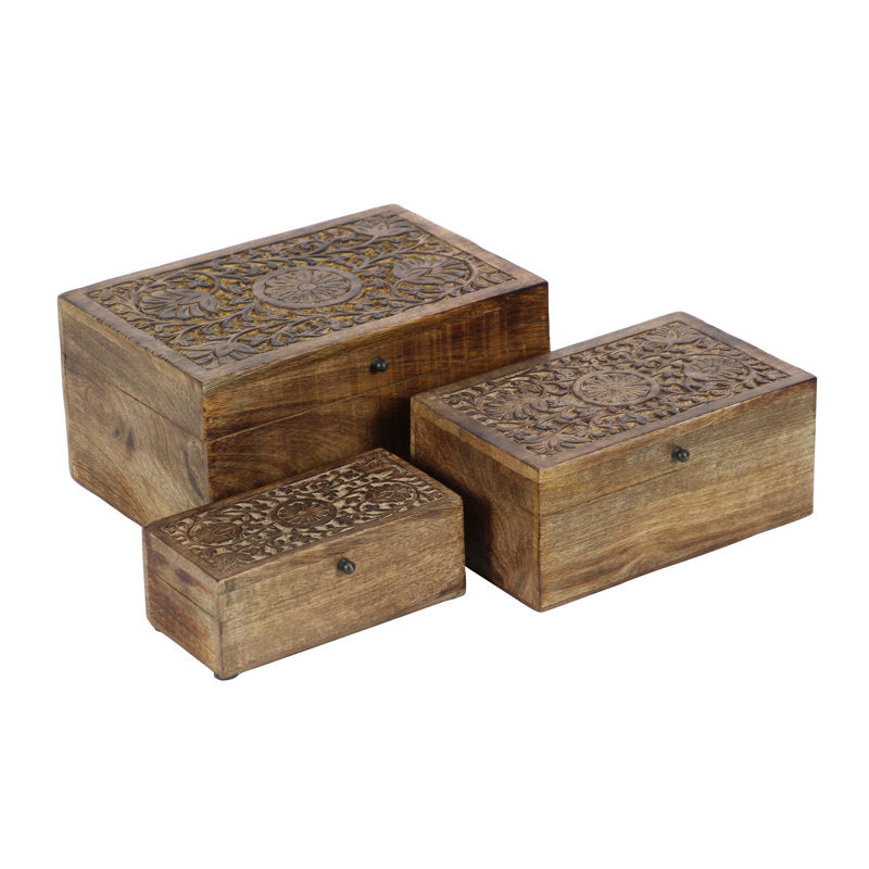Sartell Mango Wood Handmade Floral Decorative Box with Hinged Lid Set