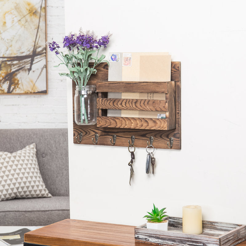 Farmhouse Key Holder With Mail Slot And Shelf, Rustic Wood Wall Mount Organizer For Keys