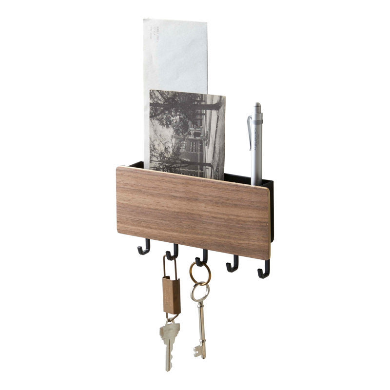 Rin Magnetic Wall Organizer, Key Hooks & Tray For Storage, Steel + Wood, Magnetic