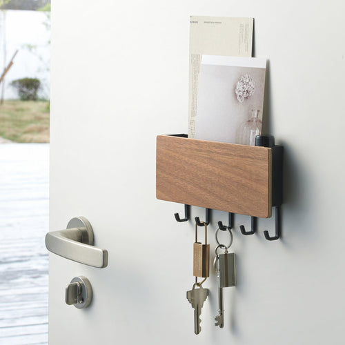 Rin Magnetic Wall Organizer, Key Hooks & Tray For Storage, Steel + Wood, Magnetic