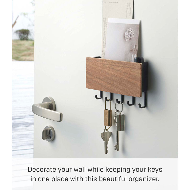 Rin Magnetic Wall Organizer, Key Hooks & Tray For Storage, Steel + Wood, Magnetic