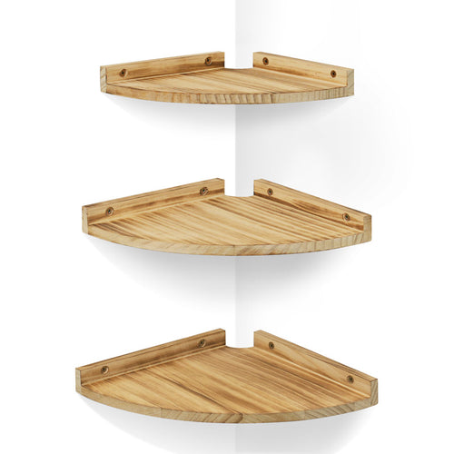 Set of 3 Rustic Wood Floating Corner Shelves – Vintage Burnt Pine Wall-Mounted Bookshelf