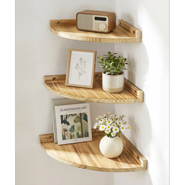 Set of 3 Rustic Wood Floating Corner Shelves – Vintage Burnt Pine Wall-Mounted Bookshelf