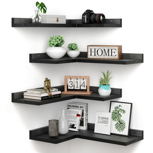 4-tier L-shaped Pine Wood Wall Shelf