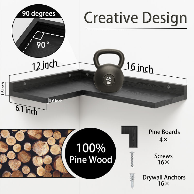 4-tier L-shaped Pine Wood Wall Shelf