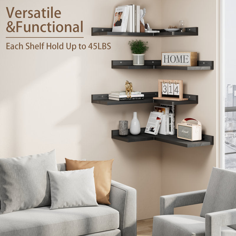 4-tier L-shaped Pine Wood Wall Shelf
