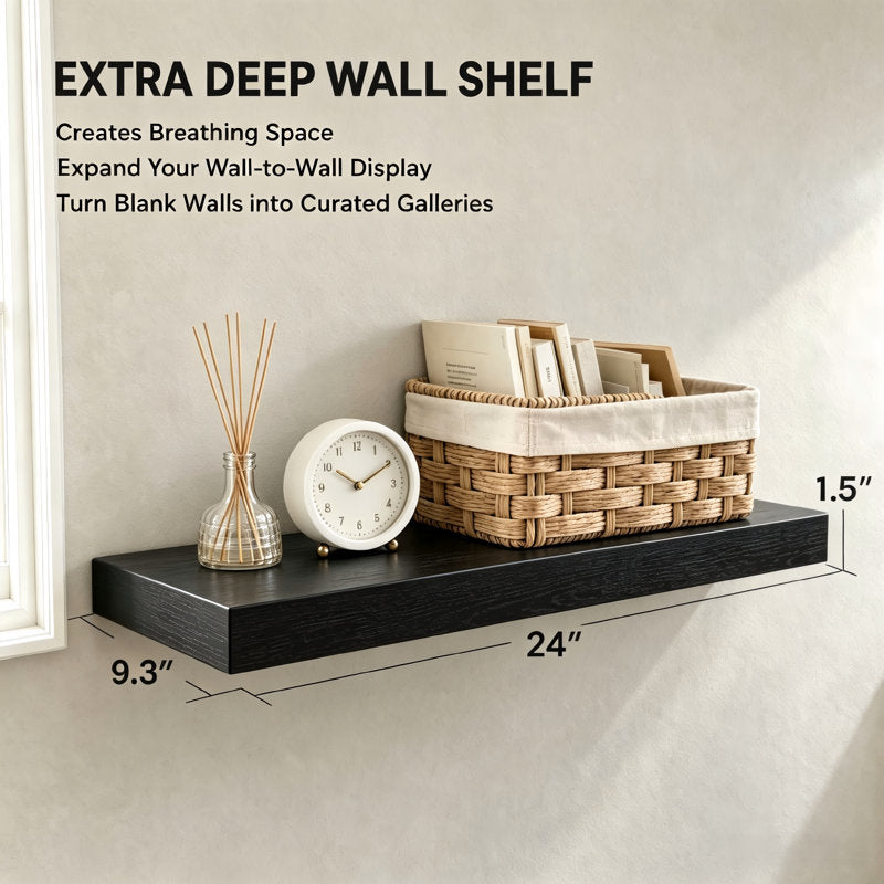 2-Piece 9.3" Extra Deep Wood Floating Shelves, Modern Design Wall Mount Display Shelves
