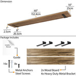 60 Inch Long Floating Bookshelf For Living Room, Hanging Shelves For Wall, Rustic & Boho
