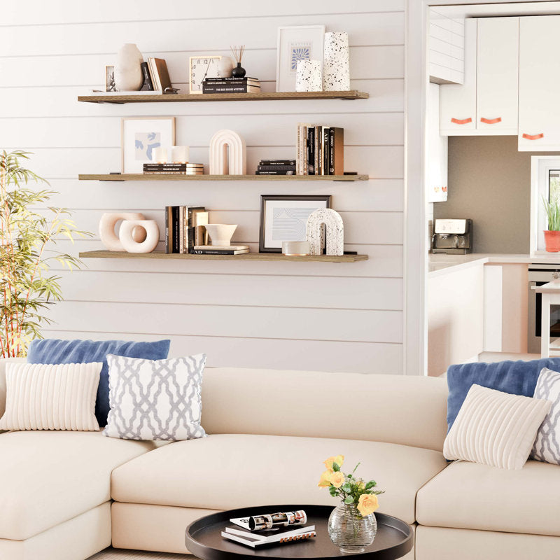 60 Inch Long Floating Bookshelf For Living Room, Hanging Shelves For Wall, Rustic & Boho