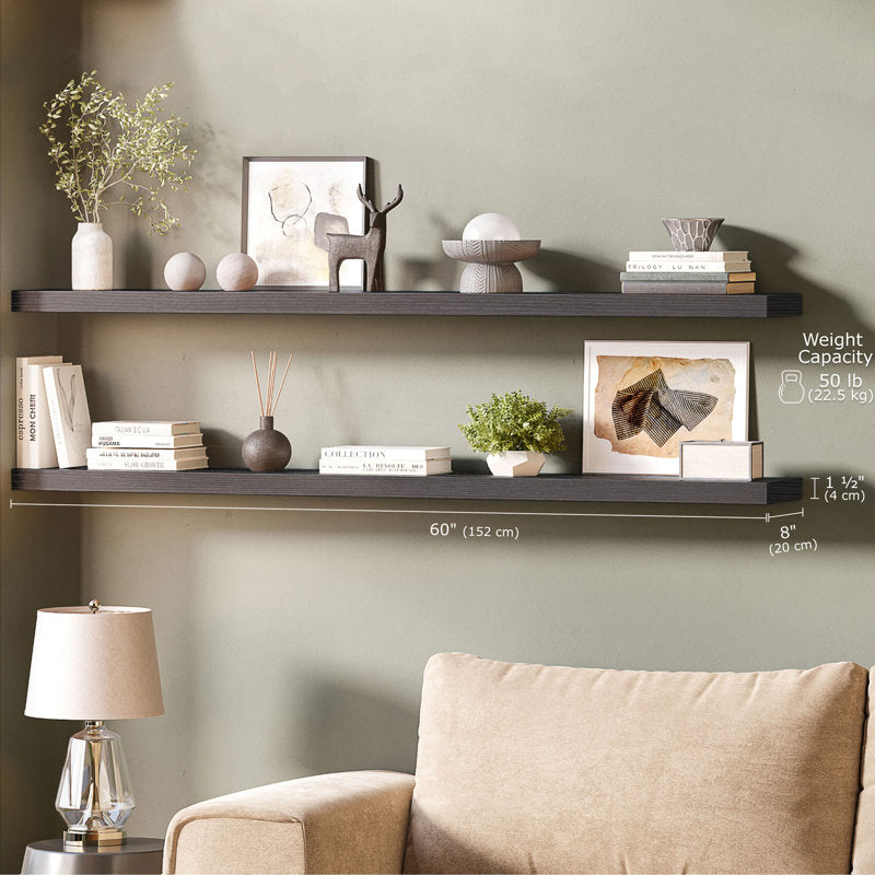 Miami 60" Floating Shelves, Long Wall Mounted Wood Shelves, 8" Depth