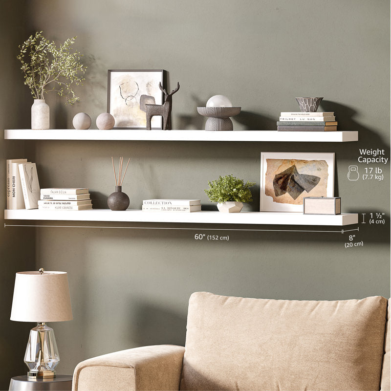 Miami 60" Floating Shelves, Long Wall Mounted Wood Shelves, 8" Depth