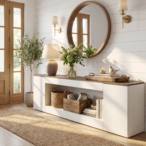 78.94" Extra Long Console Table with Storage, Two-Tone Low Profile Entryway Sofa Table with Push-Open Cabinets and Open Shelf