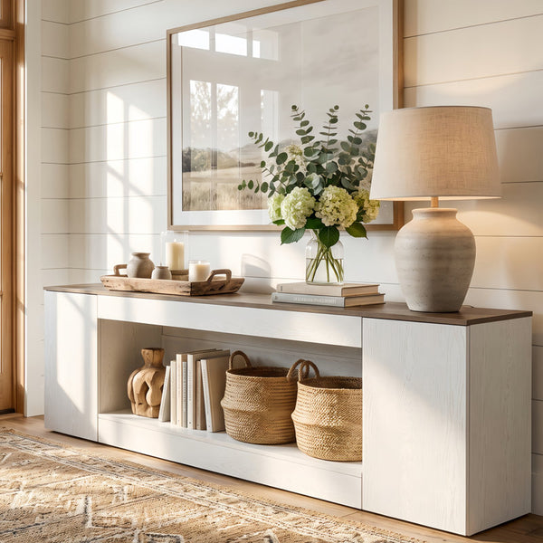 78.94" Extra Long Console Table with Storage, Two-Tone Low Profile Entryway Sofa Table with Push-Open Cabinets and Open Shelf