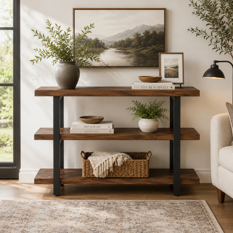 Rundell 48" Wide Rustic Industrial Solid Wood And Metal Frame Media Console Table With 2 Shelves