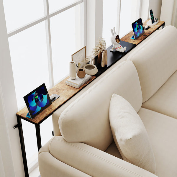 Narrow Sofa Table with 2 Power Outlets, 86.6-110.2 Inch Adjustable Length